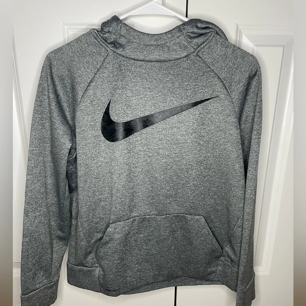 Kids XL Nike scuba neck pullover hoodie gray w/ black pattern swoosh